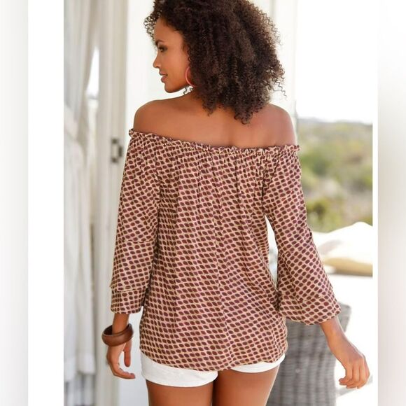 Lascana for Venus on or off shoulder ivory and wine berry print top size large - Picture 3 of 9